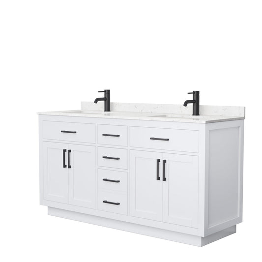Wyndham Collection Beckett 66" Double Bathroom Vanity With Toe Kick in White, Carrara Cultured Marble Countertop, Undermount Square Sinks, Matte Black Trim