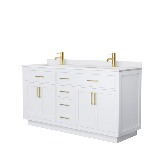 Wyndham Collection Beckett 66" Double Bathroom Vanity With Toe Kick in White, White Cultured Marble Countertop, Undermount Square Sinks, Brushed Gold Trim