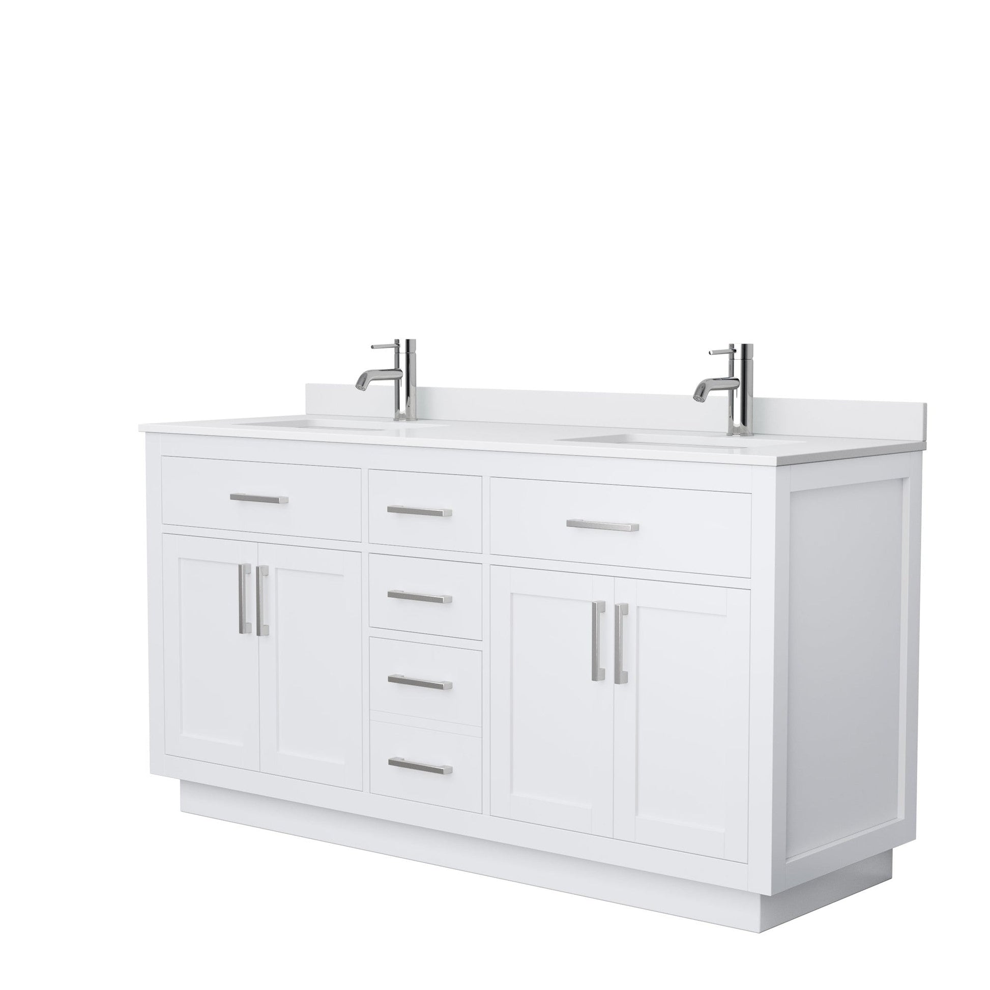 Wyndham Collection Beckett 66" Double Bathroom Vanity With Toe Kick in White, White Cultured Marble Countertop, Undermount Square Sinks, Brushed Nickel Trim
