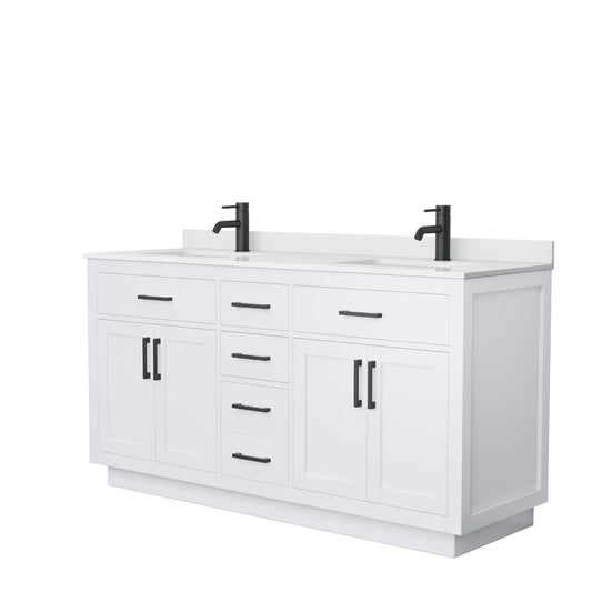 Wyndham Collection Beckett 66" Double Bathroom Vanity With Toe Kick in White, White Cultured Marble Countertop, Undermount Square Sinks, Matte Black Trim