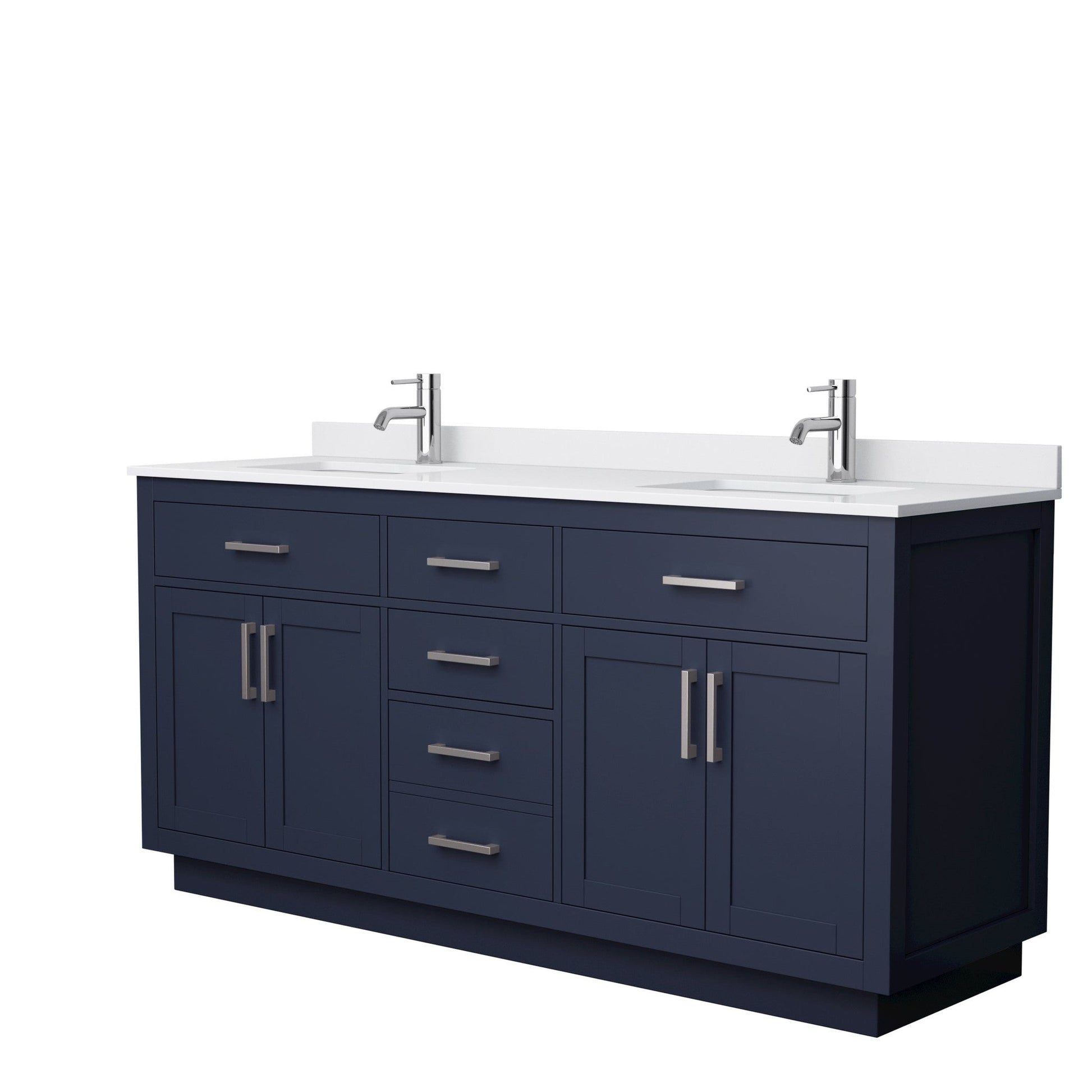 Wyndham Collection Beckett 72" Double Bathroom Vanity With Toe Kick in Dark Blue, White Cultured Marble Countertop, Undermount Square Sinks, Brushed Nickel Trim