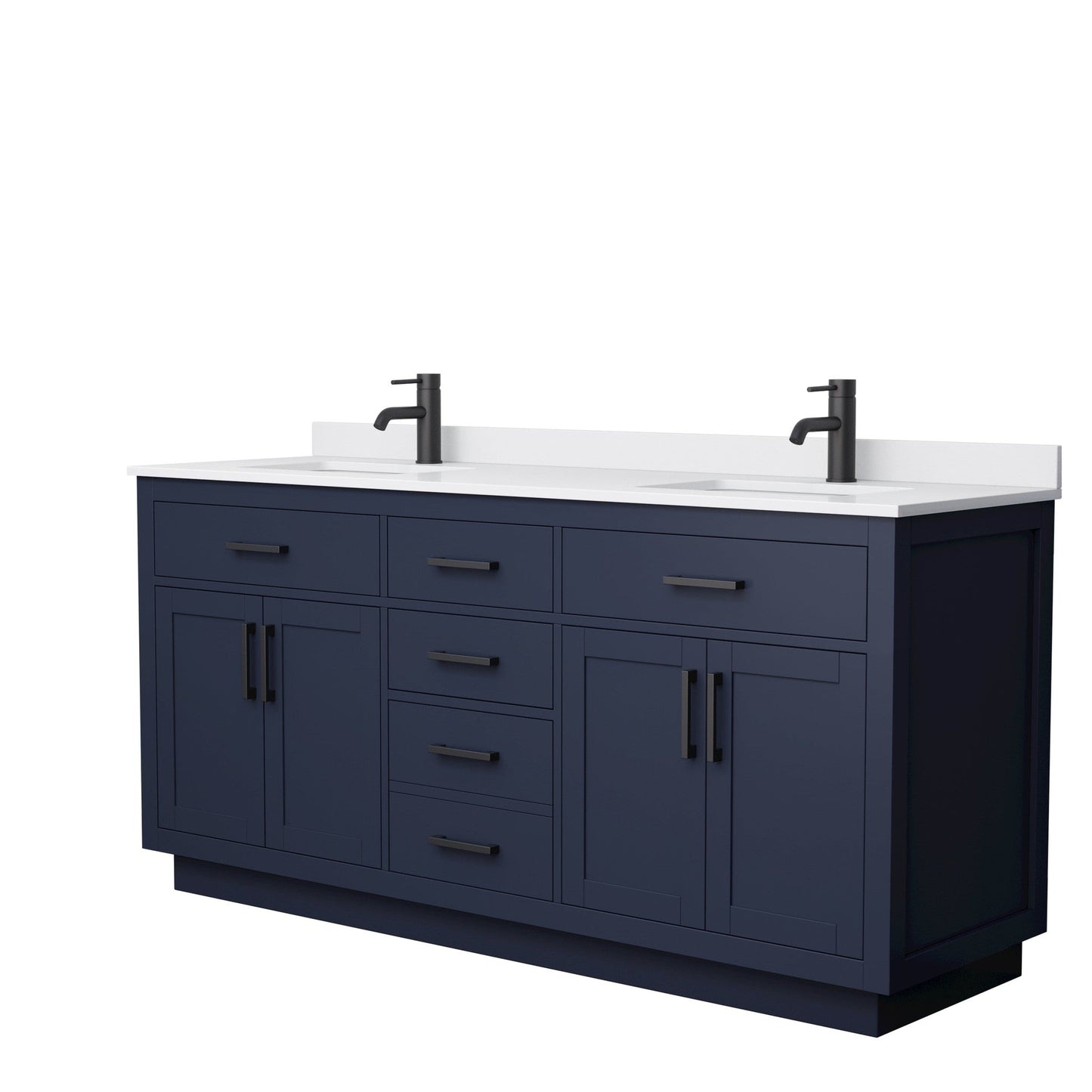 Wyndham Collection Beckett 72" Double Bathroom Vanity With Toe Kick in Dark Blue, White Cultured Marble Countertop, Undermount Square Sinks, Matte Black Trim