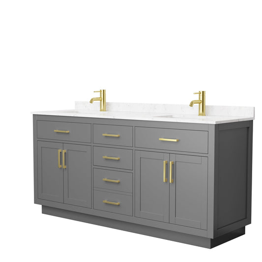 Wyndham Collection Beckett 72" Double Bathroom Vanity With Toe Kick in Dark Gray, Carrara Cultured Marble Countertop, Undermount Square Sinks, Brushed Gold Trim