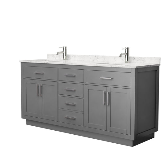 Wyndham Collection Beckett 72" Double Bathroom Vanity With Toe Kick in Dark Gray, Carrara Cultured Marble Countertop, Undermount Square Sinks, Brushed Nickel Trim