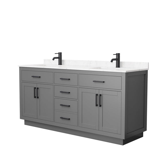 Wyndham Collection Beckett 72" Double Bathroom Vanity With Toe Kick in Dark Gray, Carrara Cultured Marble Countertop, Undermount Square Sinks, Matte Black Trim