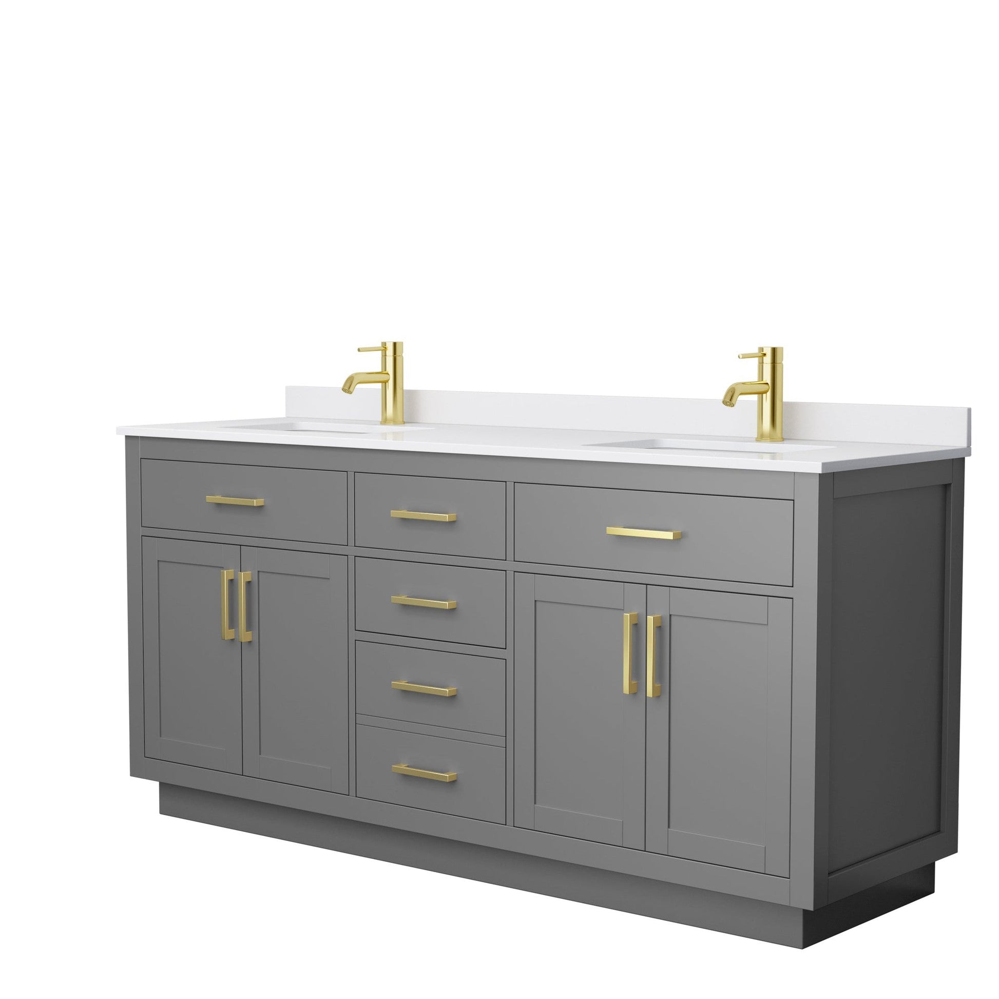 Wyndham Collection Beckett 72" Double Bathroom Vanity With Toe Kick in Dark Gray, White Cultured Marble Countertop, Undermount Square Sinks, Brushed Gold Trim