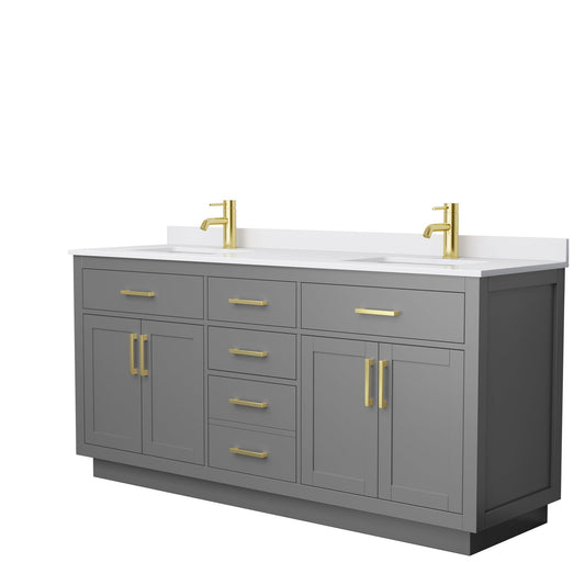 Wyndham Collection Beckett 72" Double Bathroom Vanity With Toe Kick in Dark Gray, White Cultured Marble Countertop, Undermount Square Sinks, Brushed Gold Trim