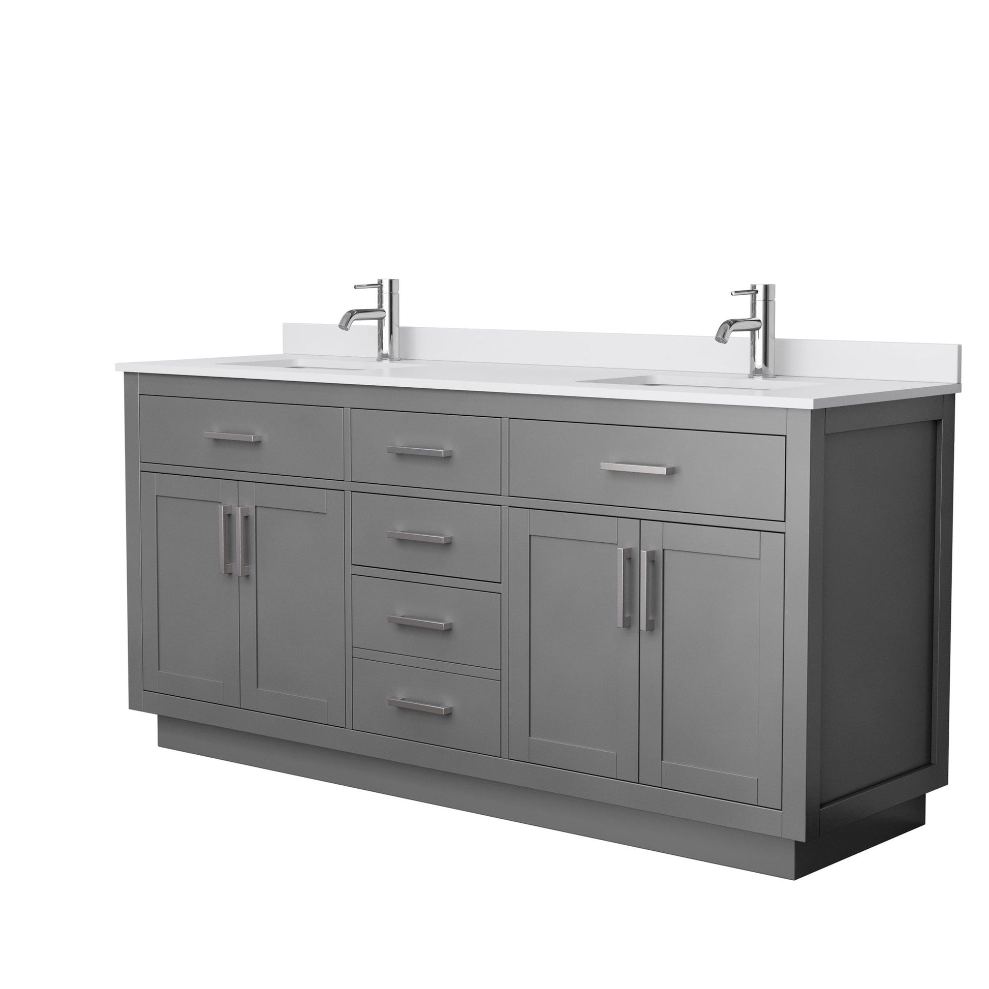 Wyndham Collection Beckett 72" Double Bathroom Vanity With Toe Kick in Dark Gray, White Cultured Marble Countertop, Undermount Square Sinks, Brushed Nickel Trim