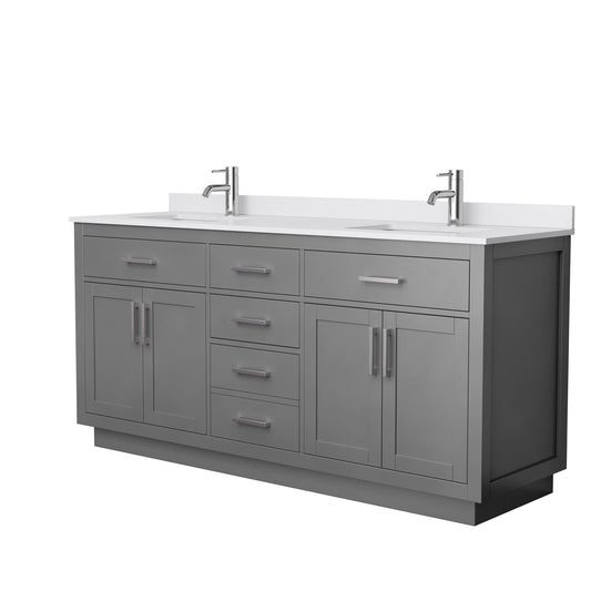 Wyndham Collection Beckett 72" Double Bathroom Vanity With Toe Kick in Dark Gray, White Cultured Marble Countertop, Undermount Square Sinks, Brushed Nickel Trim