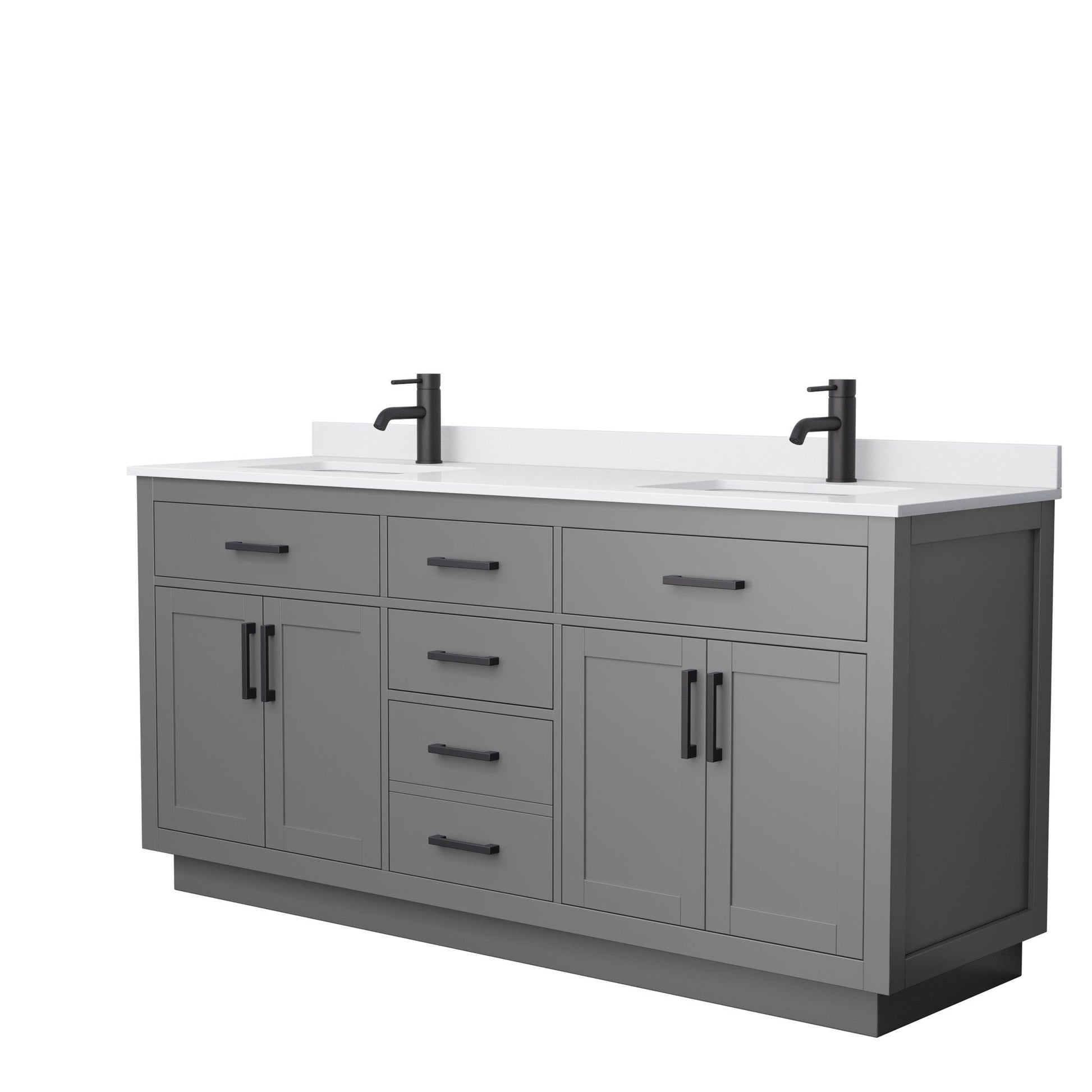 Wyndham Collection Beckett 72" Double Bathroom Vanity With Toe Kick in Dark Gray, White Cultured Marble Countertop, Undermount Square Sinks, Matte Black Trim