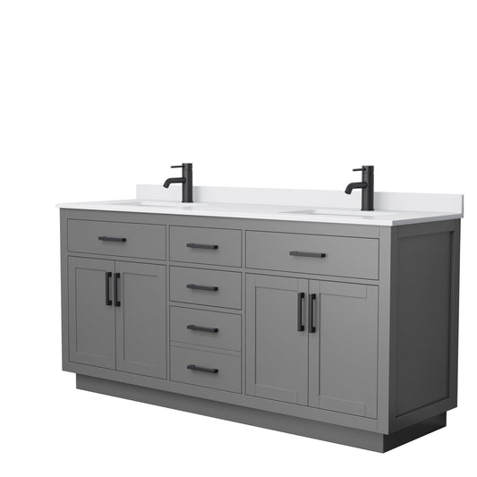 Wyndham Collection Beckett 72" Double Bathroom Vanity With Toe Kick in Dark Gray, White Cultured Marble Countertop, Undermount Square Sinks, Matte Black Trim