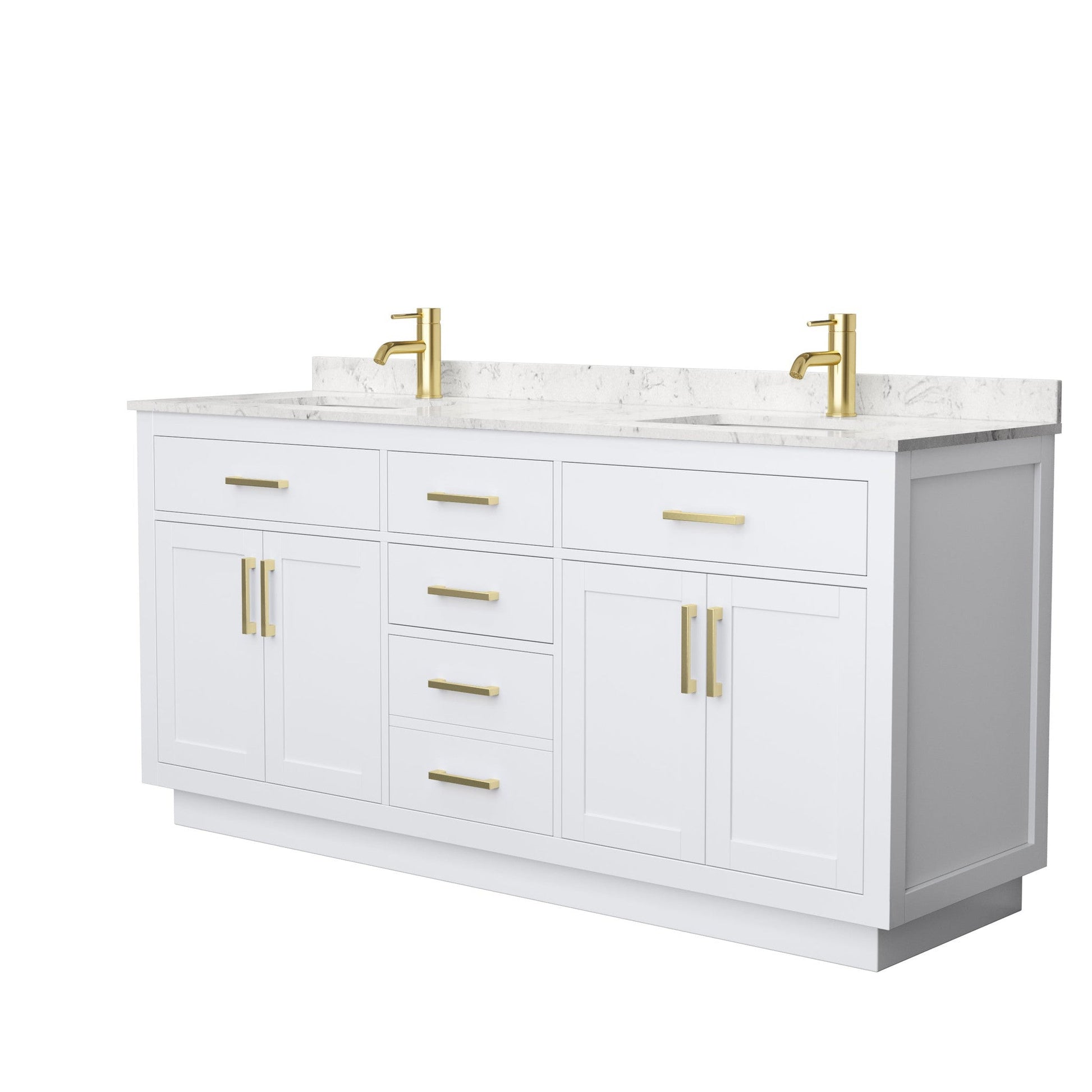 Wyndham Collection Beckett 72" Double Bathroom Vanity With Toe Kick in White, Carrara Cultured Marble Countertop, Undermount Square Sinks, Brushed Gold Trim