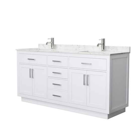 Wyndham Collection Beckett 72" Double Bathroom Vanity With Toe Kick in White, Carrara Cultured Marble Countertop, Undermount Square Sinks, Brushed Nickel Trim