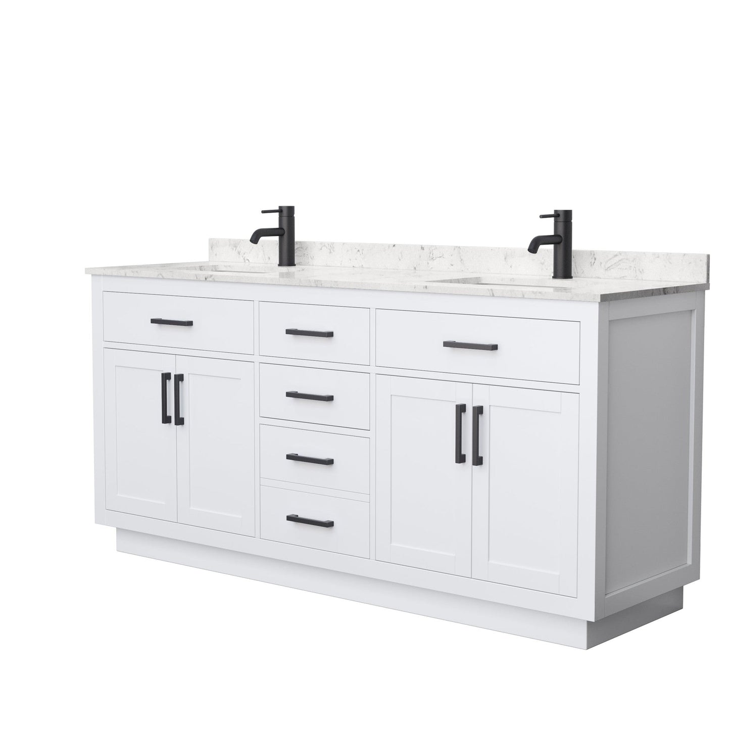 Wyndham Collection Beckett 72" Double Bathroom Vanity With Toe Kick in White, Carrara Cultured Marble Countertop, Undermount Square Sinks, Matte Black Trim