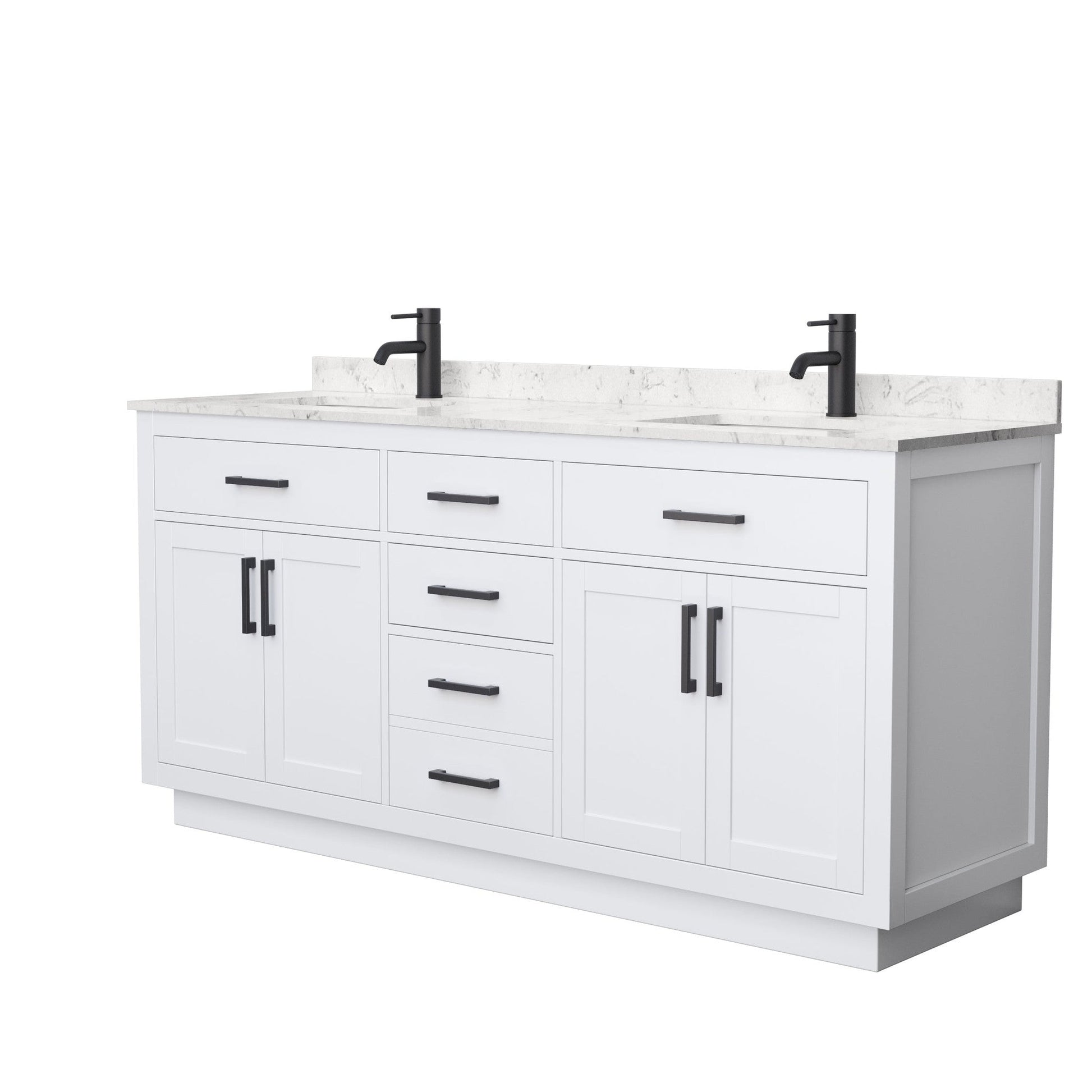 Wyndham Collection Beckett 72" Double Bathroom Vanity With Toe Kick in White, Carrara Cultured Marble Countertop, Undermount Square Sinks, Matte Black Trim