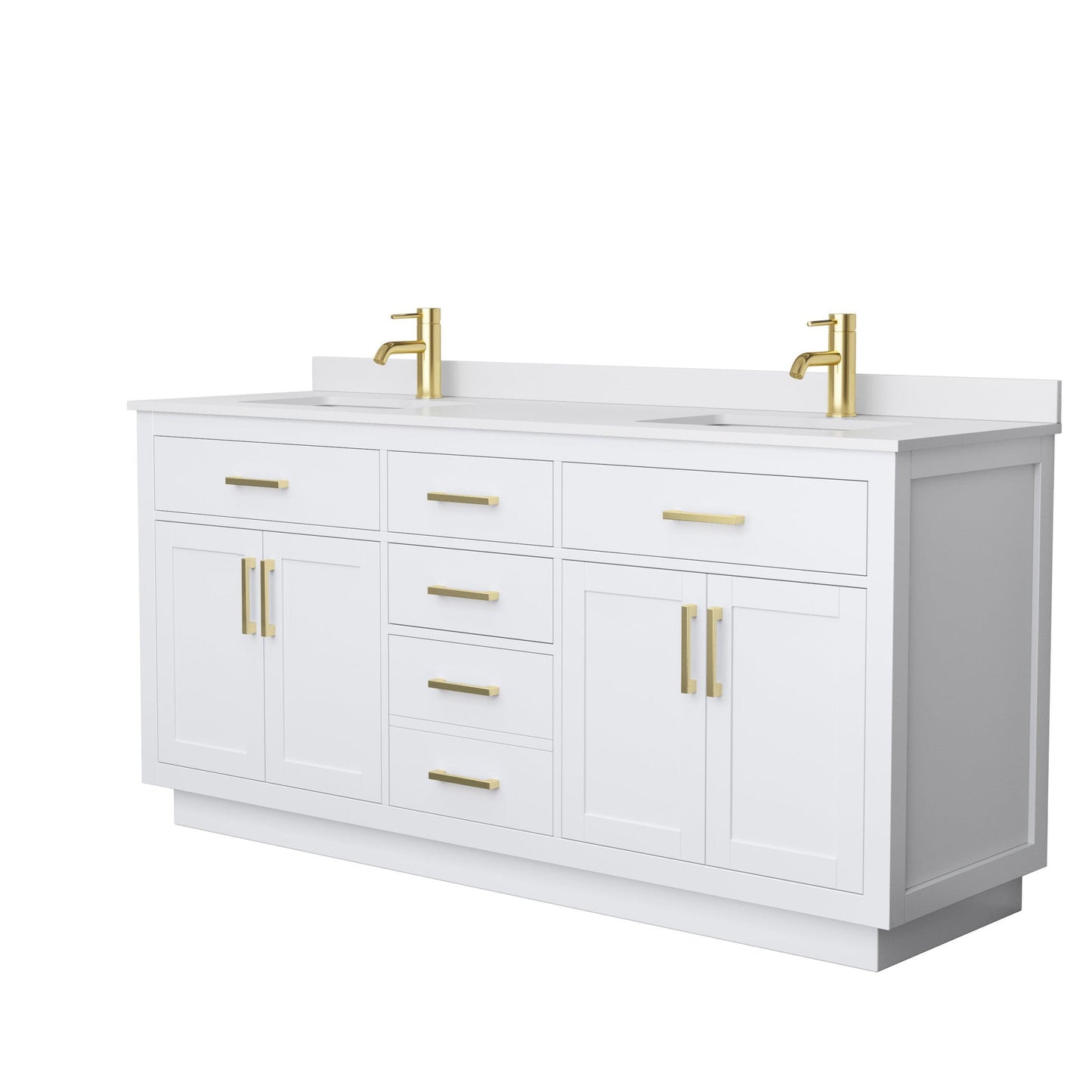 Wyndham Collection Beckett 72" Double Bathroom Vanity With Toe Kick in White, White Cultured Marble Countertop, Undermount Square Sinks, Brushed Gold Trim