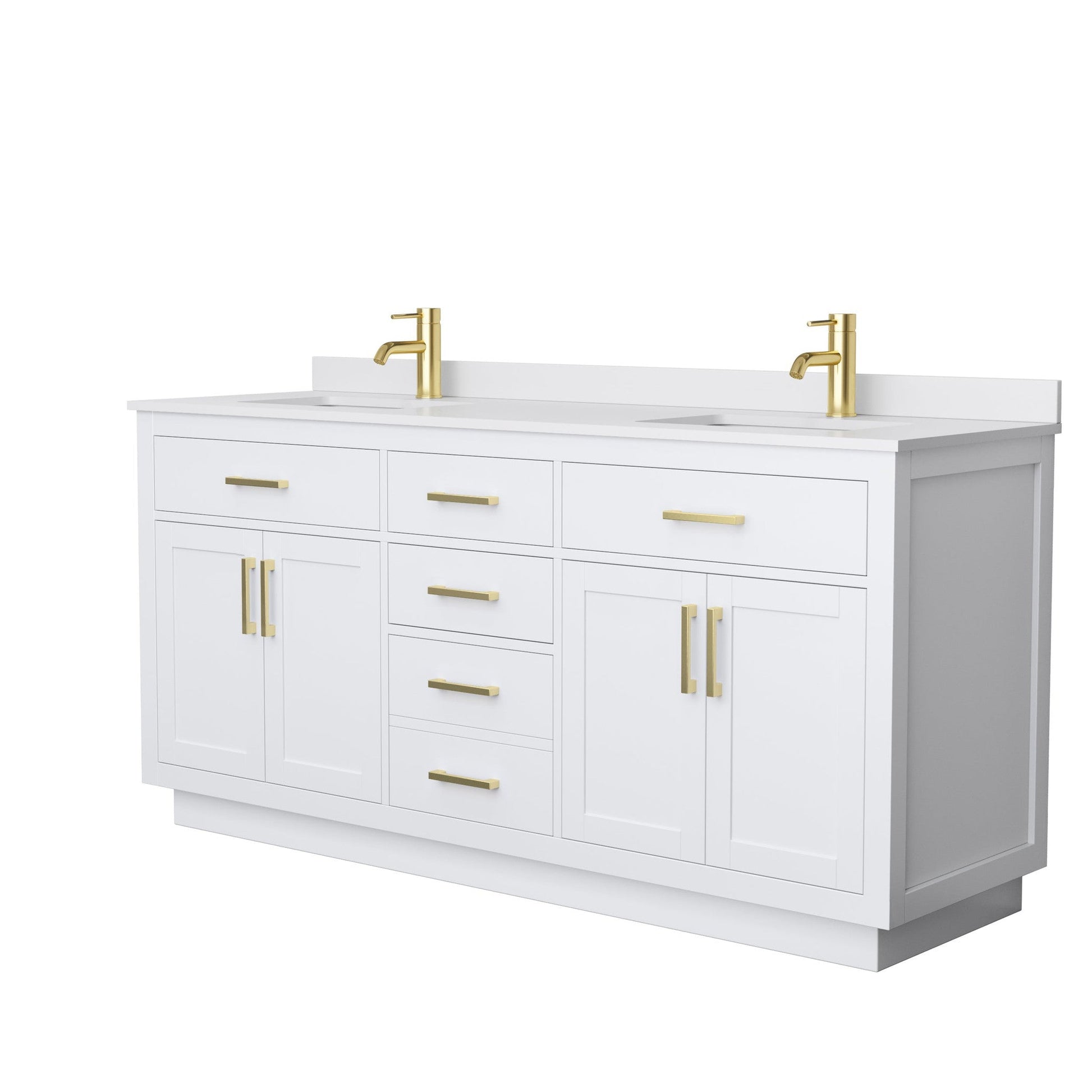 Wyndham Collection Beckett 72" Double Bathroom Vanity With Toe Kick in White, White Cultured Marble Countertop, Undermount Square Sinks, Brushed Gold Trim
