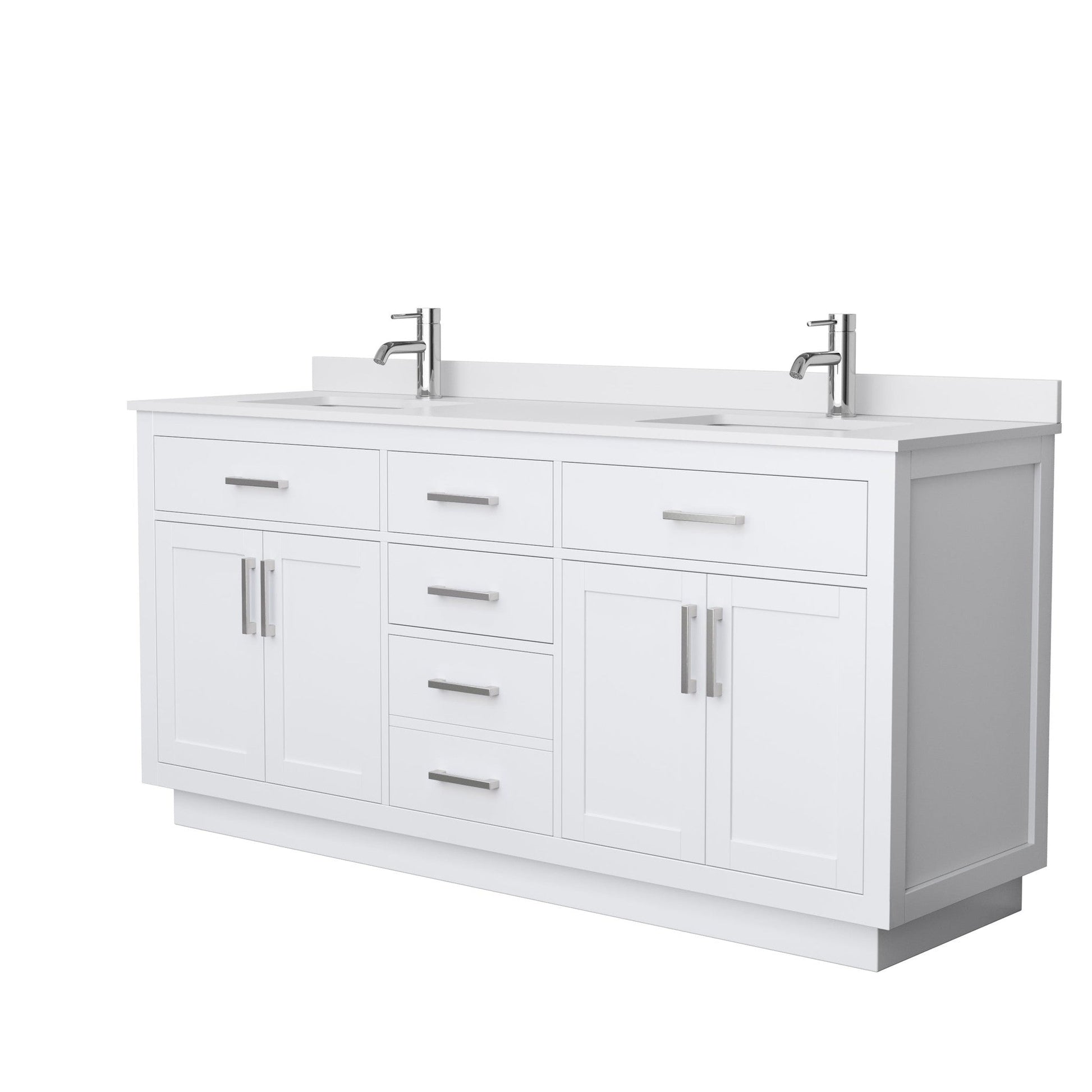 Wyndham Collection Beckett 72" Double Bathroom Vanity With Toe Kick in White, White Cultured Marble Countertop, Undermount Square Sinks, Brushed Nickel Trim