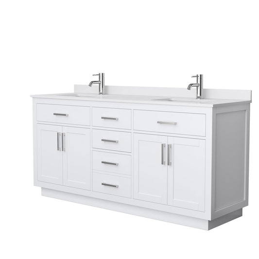 Wyndham Collection Beckett 72" Double Bathroom Vanity With Toe Kick in White, White Cultured Marble Countertop, Undermount Square Sinks, Brushed Nickel Trim