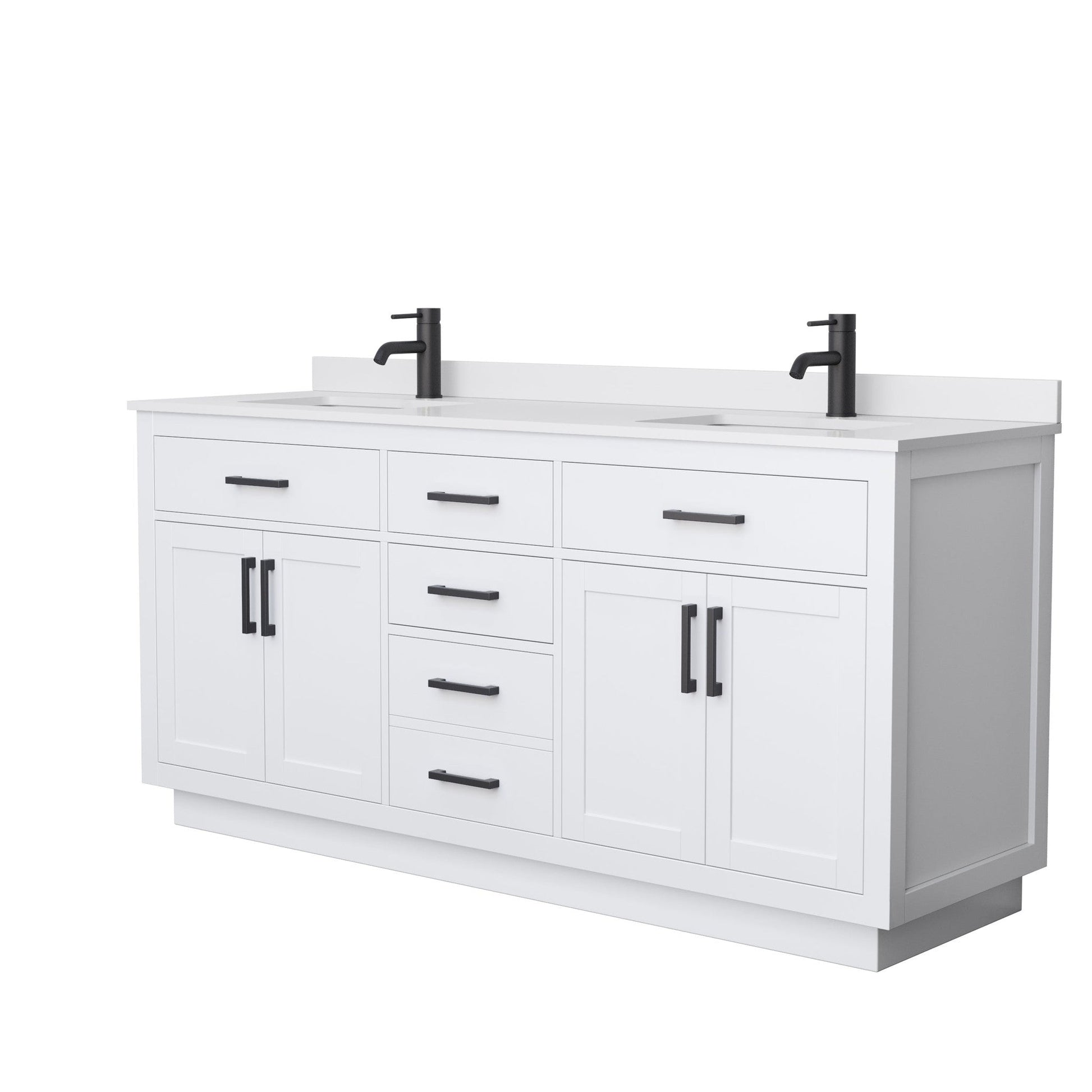 Wyndham Collection Beckett 72" Double Bathroom Vanity With Toe Kick in White, White Cultured Marble Countertop, Undermount Square Sinks, Matte Black Trim