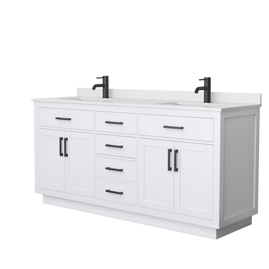 Wyndham Collection Beckett 72" Double Bathroom Vanity With Toe Kick in White, White Cultured Marble Countertop, Undermount Square Sinks, Matte Black Trim