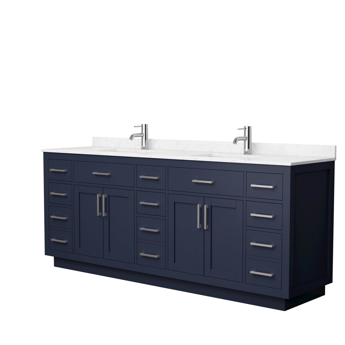 Wyndham Collection Beckett 84" Double Bathroom Vanity With Toe Kick in Dark Blue, Carrara Cultured Marble Countertop, Undermount Square Sinks, Brushed Nickel Trim