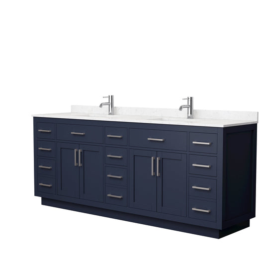 Wyndham Collection Beckett 84" Double Bathroom Vanity With Toe Kick in Dark Blue, Carrara Cultured Marble Countertop, Undermount Square Sinks, Brushed Nickel Trim