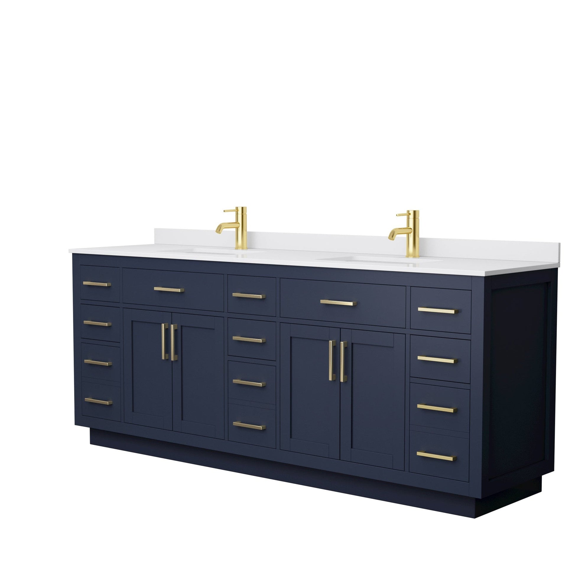 Wyndham Collection Beckett 84" Double Bathroom Vanity With Toe Kick in Dark Blue, White Cultured Marble Countertop, Undermount Square Sinks, Brushed Gold Trim