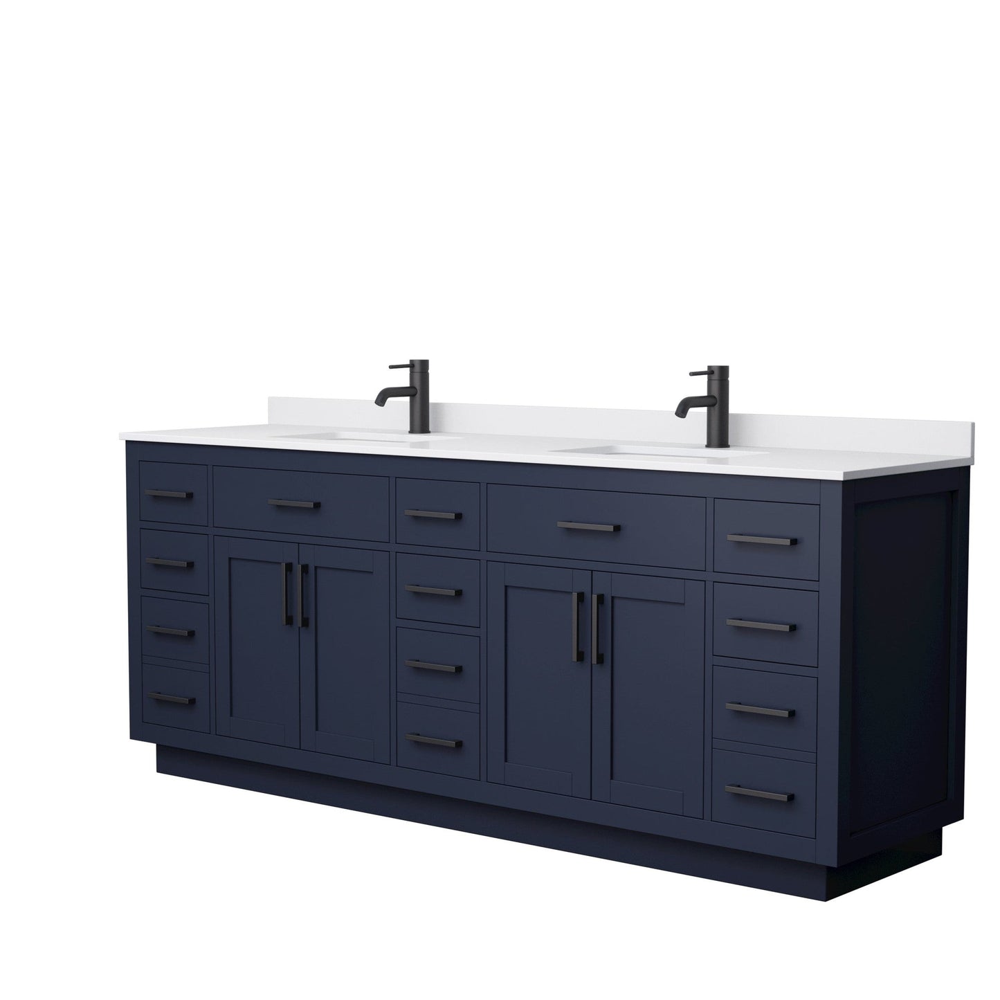 Wyndham Collection Beckett 84" Double Bathroom Vanity With Toe Kick in Dark Blue, White Cultured Marble Countertop, Undermount Square Sinks, Matte Black Trim