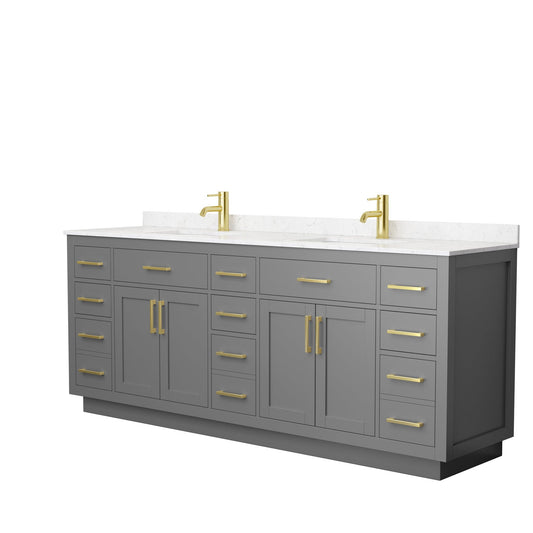 Wyndham Collection Beckett 84" Double Bathroom Vanity With Toe Kick in Dark Gray, Carrara Cultured Marble Countertop, Undermount Square Sinks, Brushed Gold Trim