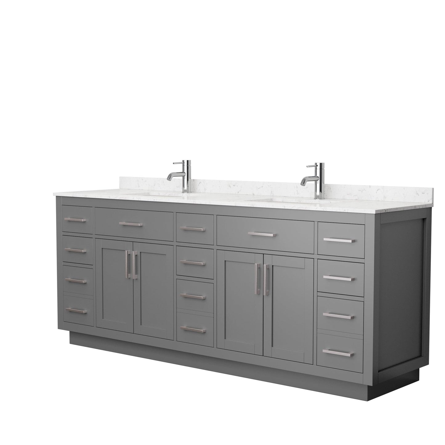 Wyndham Collection Beckett 84" Double Bathroom Vanity With Toe Kick in Dark Gray, Carrara Cultured Marble Countertop, Undermount Square Sinks, Brushed Nickel Trim