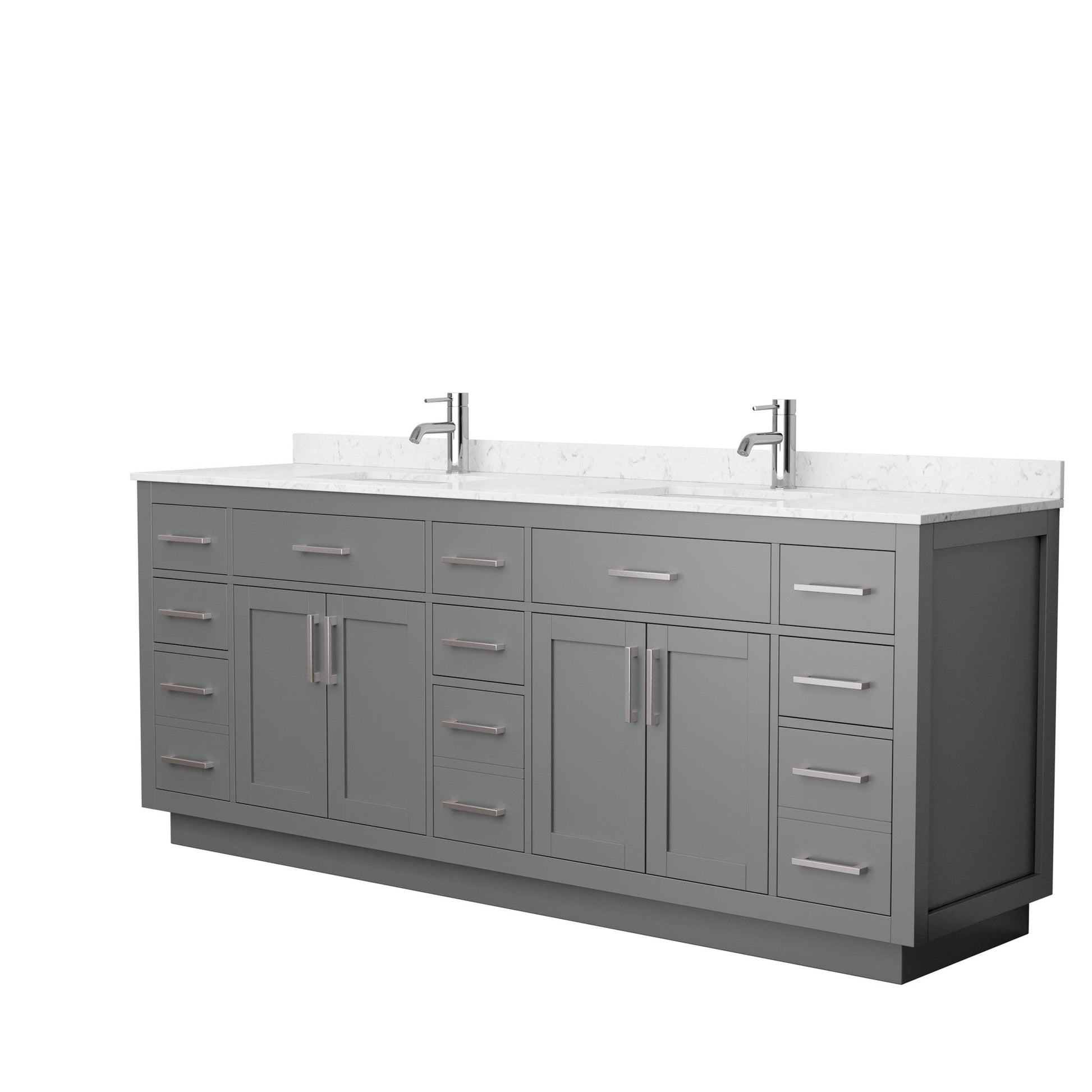 Wyndham Collection Beckett 84" Double Bathroom Vanity With Toe Kick in Dark Gray, Carrara Cultured Marble Countertop, Undermount Square Sinks, Brushed Nickel Trim