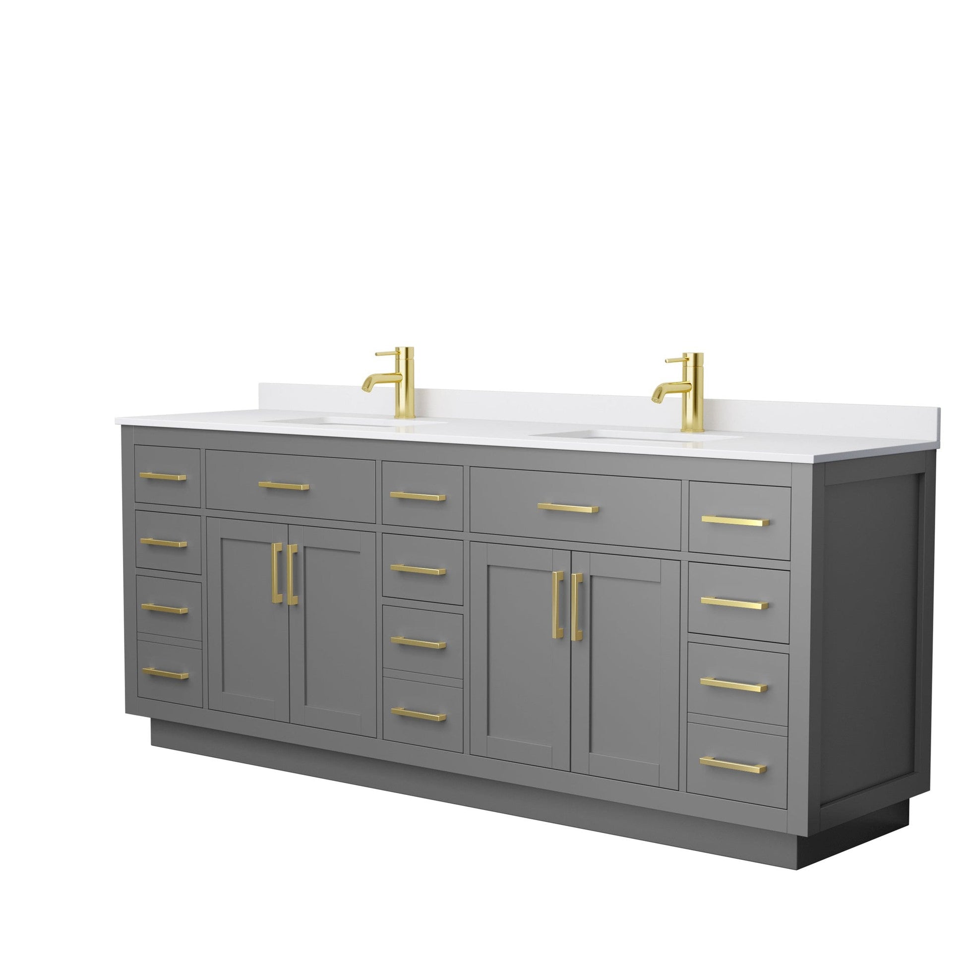 Wyndham Collection Beckett 84" Double Bathroom Vanity With Toe Kick in Dark Gray, White Cultured Marble Countertop, Undermount Square Sinks, Brushed Gold Trim