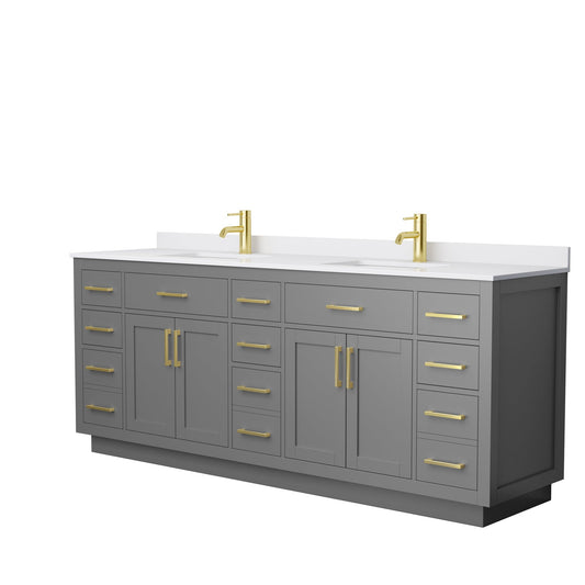 Wyndham Collection Beckett 84" Double Bathroom Vanity With Toe Kick in Dark Gray, White Cultured Marble Countertop, Undermount Square Sinks, Brushed Gold Trim