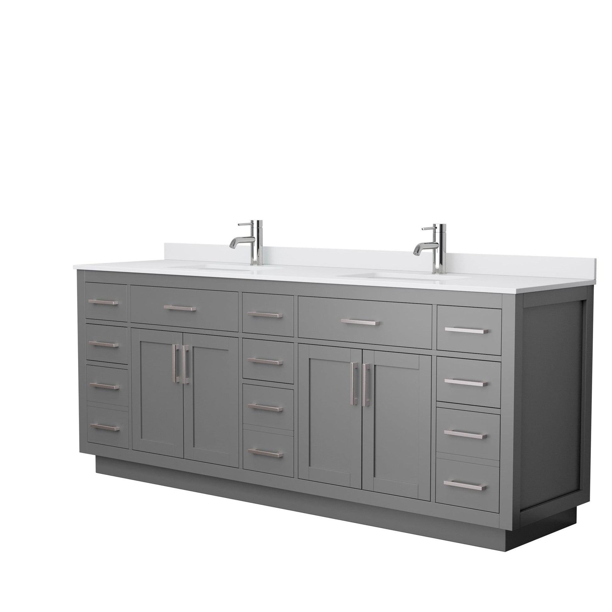 Wyndham Collection Beckett 84" Double Bathroom Vanity With Toe Kick in Dark Gray, White Cultured Marble Countertop, Undermount Square Sinks, Brushed Nickel Trim