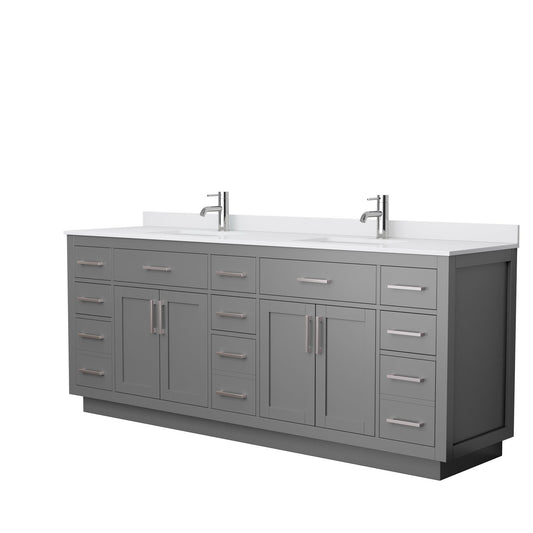 Wyndham Collection Beckett 84" Double Bathroom Vanity With Toe Kick in Dark Gray, White Cultured Marble Countertop, Undermount Square Sinks, Brushed Nickel Trim