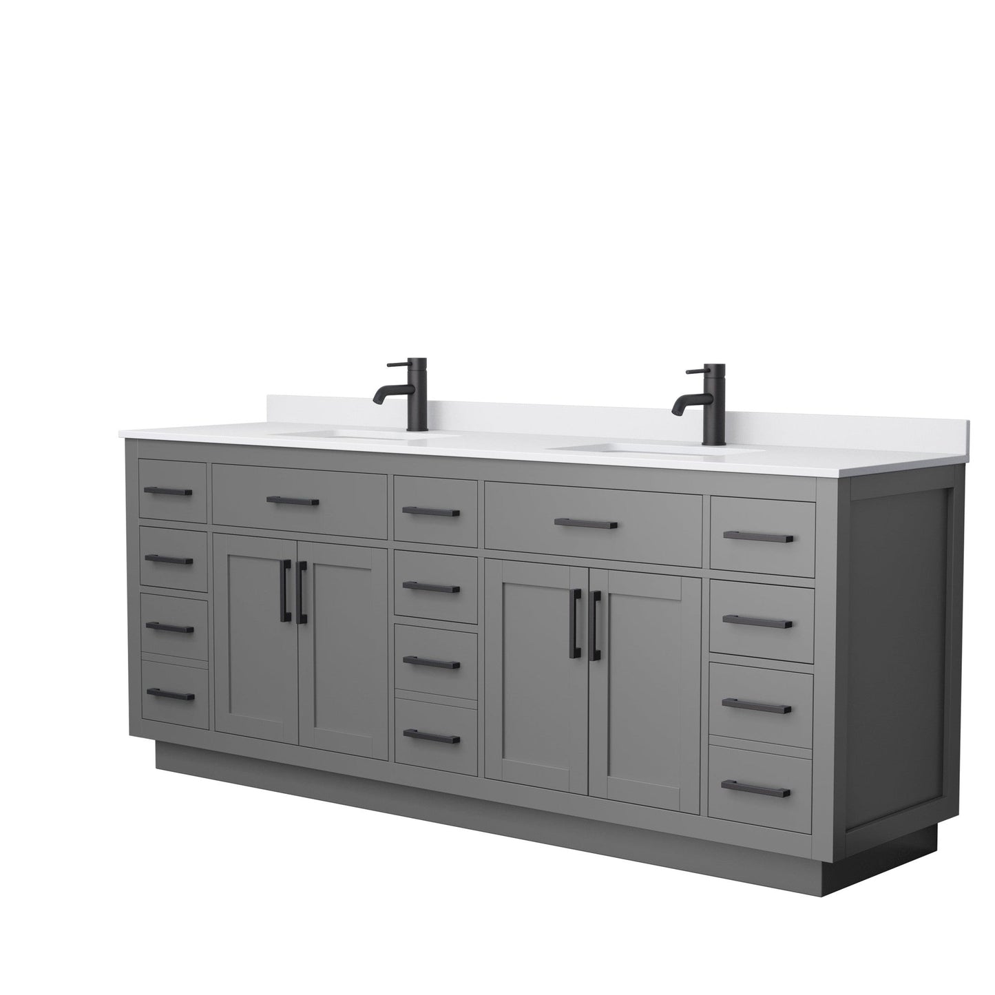 Wyndham Collection Beckett 84" Double Bathroom Vanity With Toe Kick in Dark Gray, White Cultured Marble Countertop, Undermount Square Sinks, Matte Black Trim