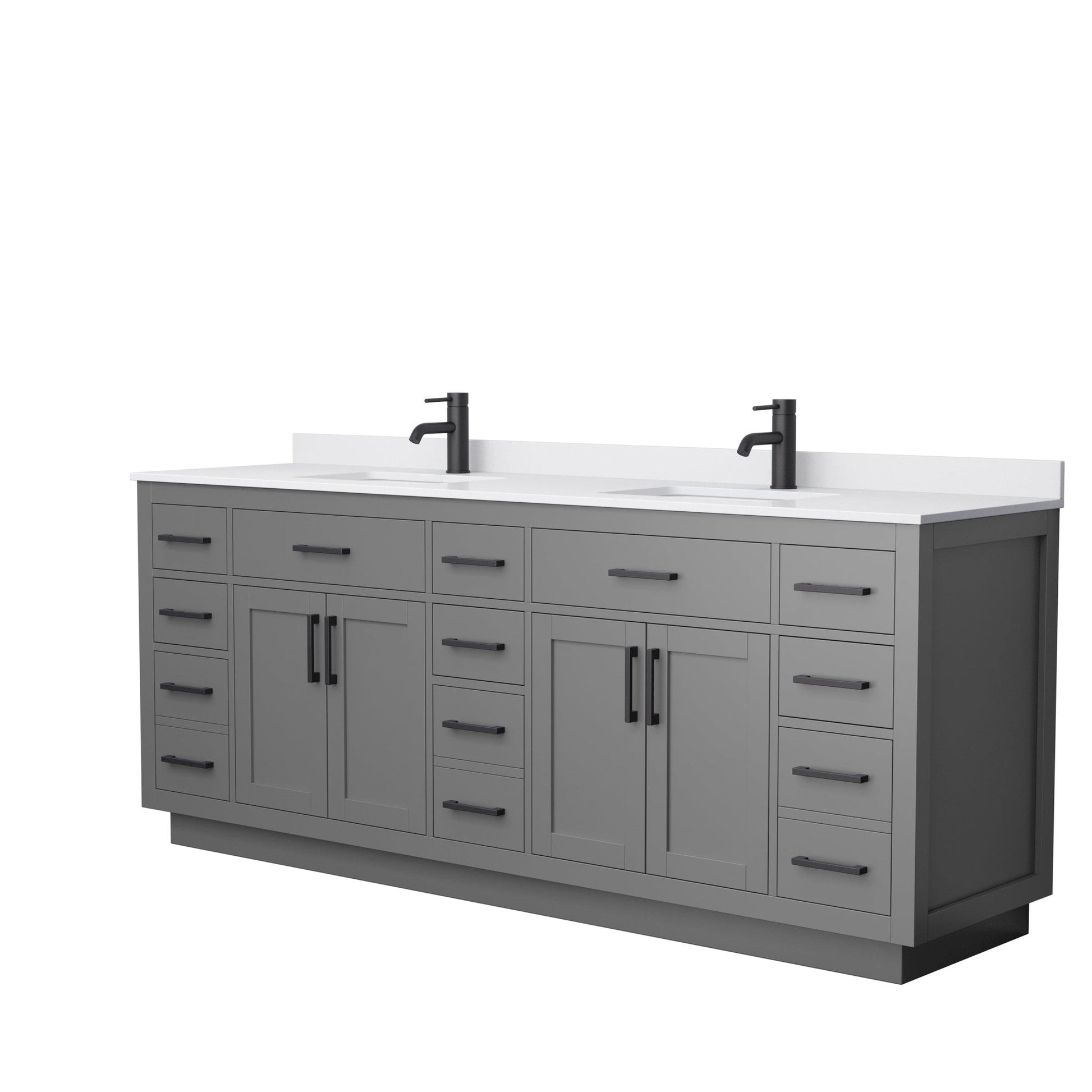 Wyndham Collection Beckett 84" Double Bathroom Vanity With Toe Kick in Dark Gray, White Cultured Marble Countertop, Undermount Square Sinks, Matte Black Trim