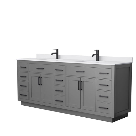 Wyndham Collection Beckett 84" Double Bathroom Vanity With Toe Kick in Dark Gray, White Cultured Marble Countertop, Undermount Square Sinks, Matte Black Trim
