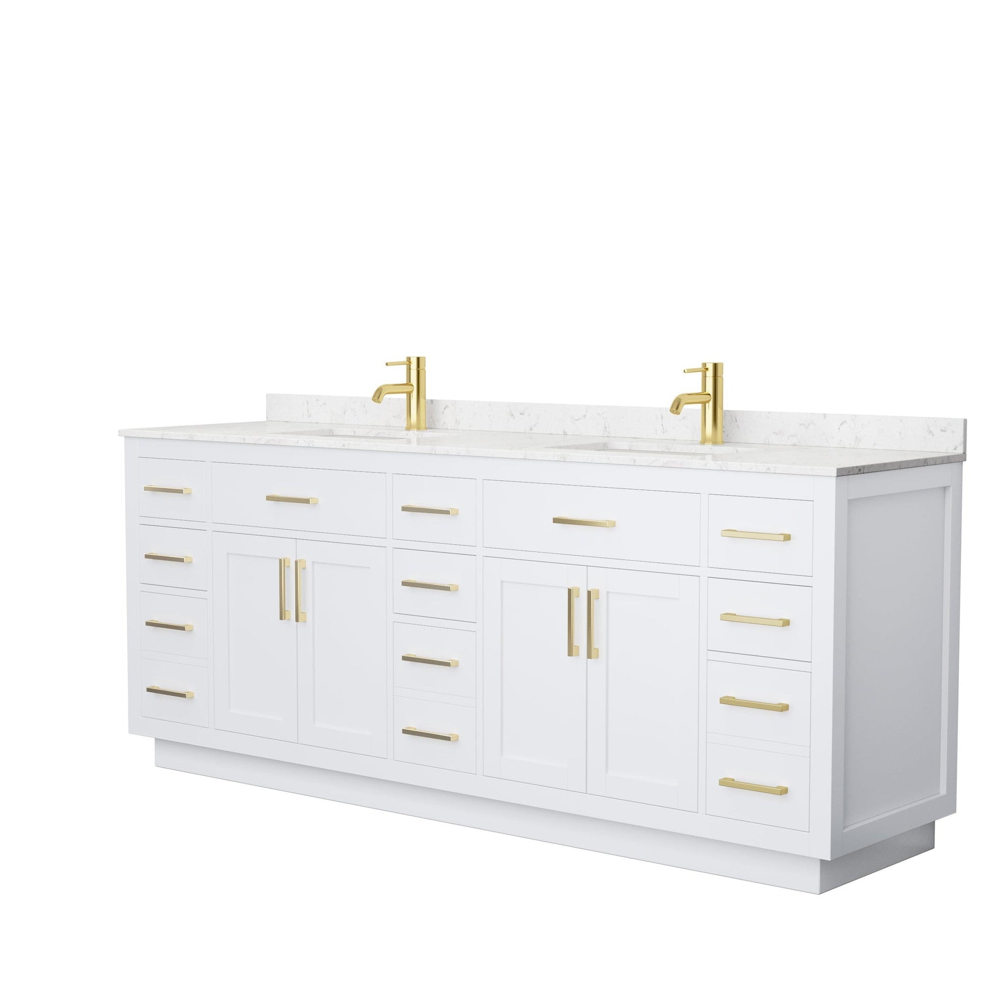Wyndham Collection Beckett 84" Double Bathroom Vanity With Toe Kick in White, Carrara Cultured Marble Countertop, Undermount Square Sinks, Brushed Gold Trim