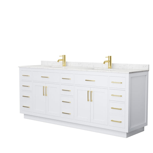 Wyndham Collection Beckett 84" Double Bathroom Vanity With Toe Kick in White, Carrara Cultured Marble Countertop, Undermount Square Sinks, Brushed Gold Trim