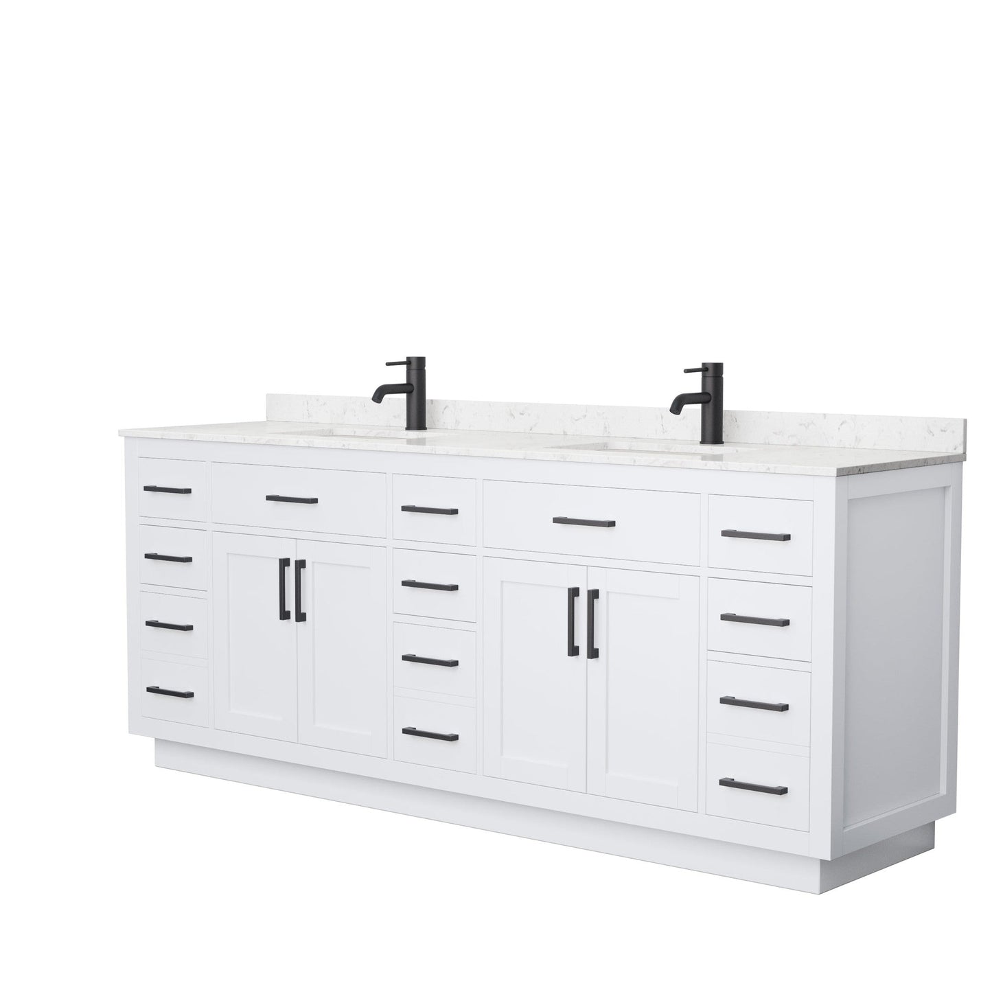 Wyndham Collection Beckett 84" Double Bathroom Vanity With Toe Kick in White, Carrara Cultured Marble Countertop, Undermount Square Sinks, Matte Black Trim