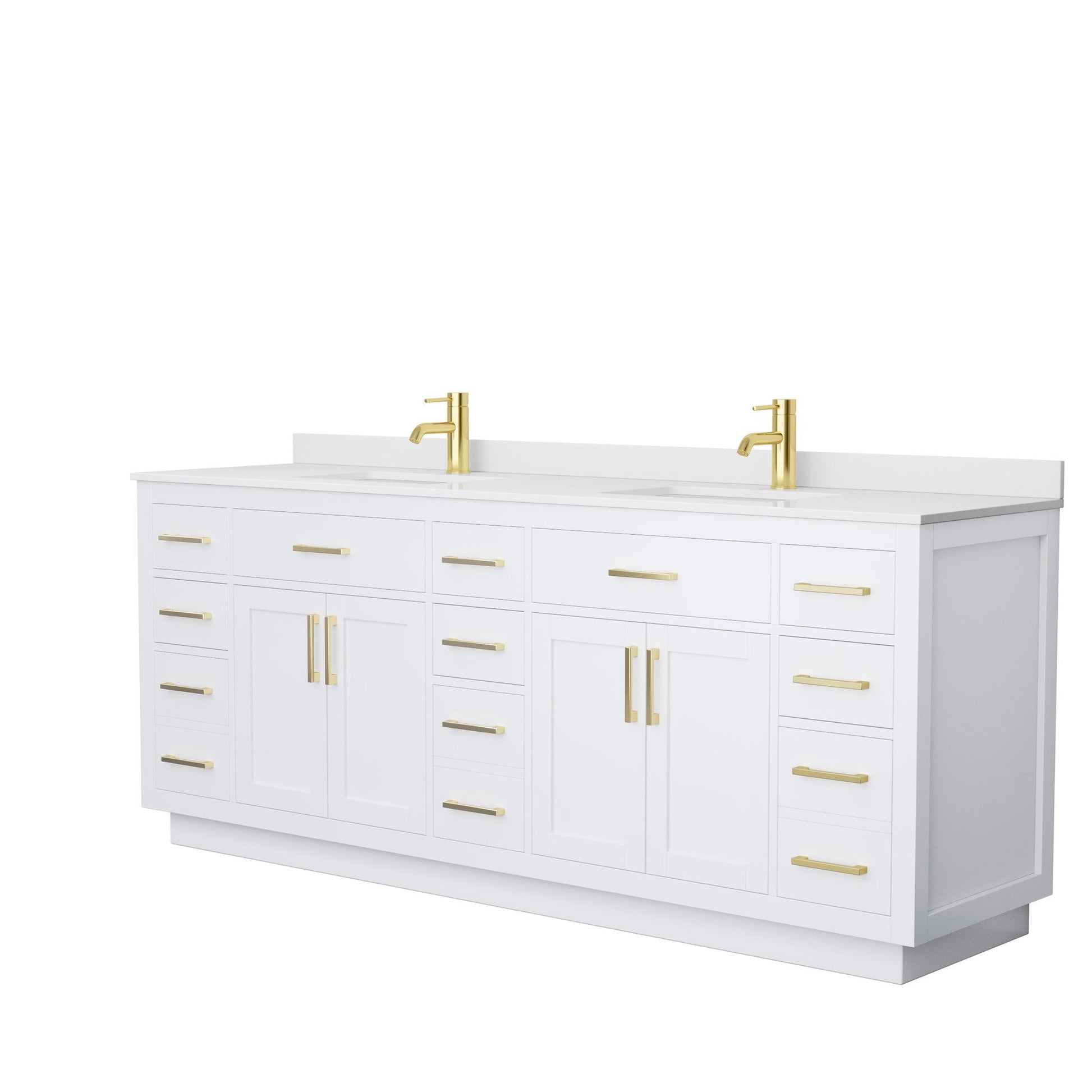 Wyndham Collection Beckett 84" Double Bathroom Vanity With Toe Kick in White, White Cultured Marble Countertop, Undermount Square Sinks, Brushed Gold Trim
