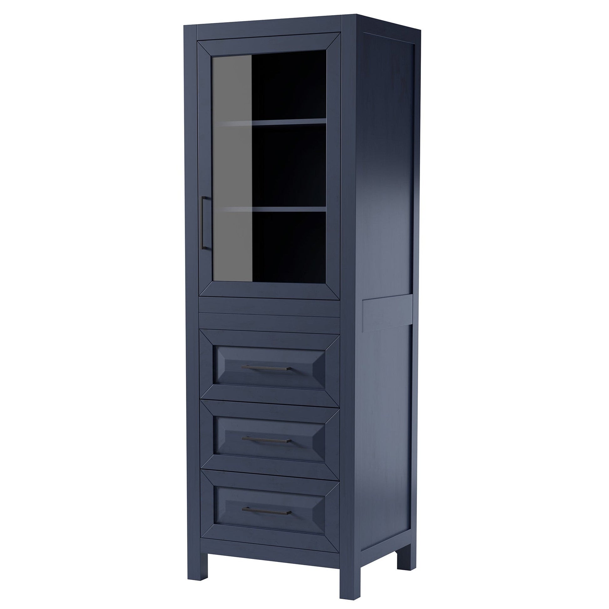 Wyndham Collection Daria 24" Linen Tower in Dark Blue With Matte Black Trim, Shelved Cabinet Storage and 3 Drawers