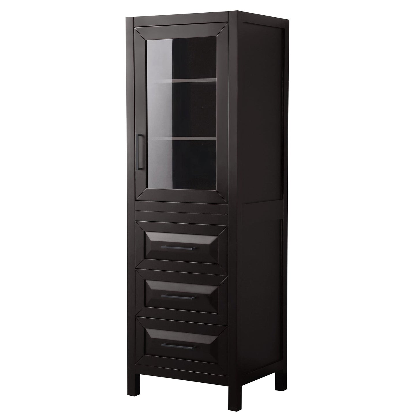 Wyndham Collection Daria 24" Linen Tower in Dark Espresso With Matte Black Trim, Shelved Cabinet Storage and 3 Drawers