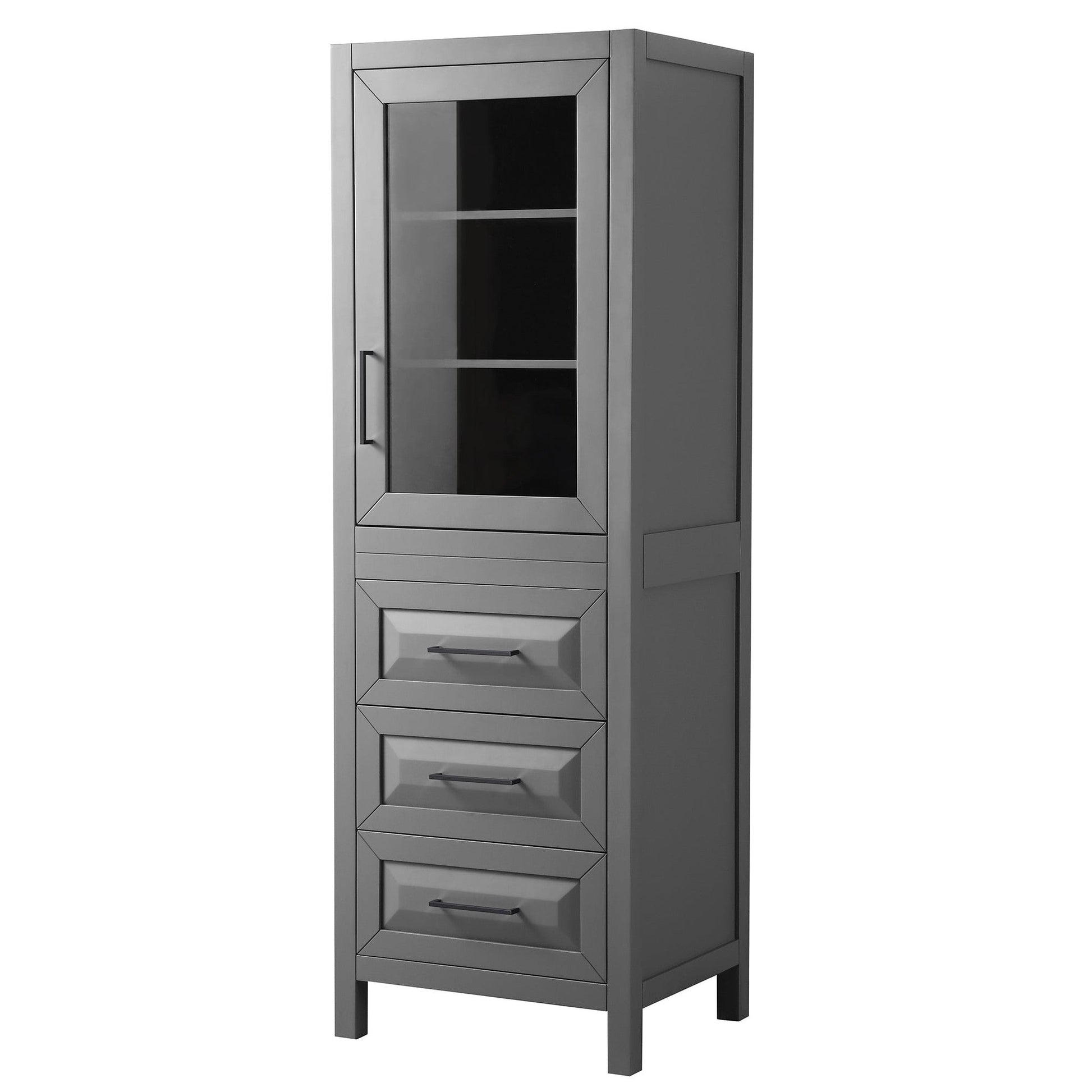 Wyndham Collection Daria 24" Linen Tower in Dark Gray With Matte Black Trim, Shelved Cabinet Storage and 3 Drawers