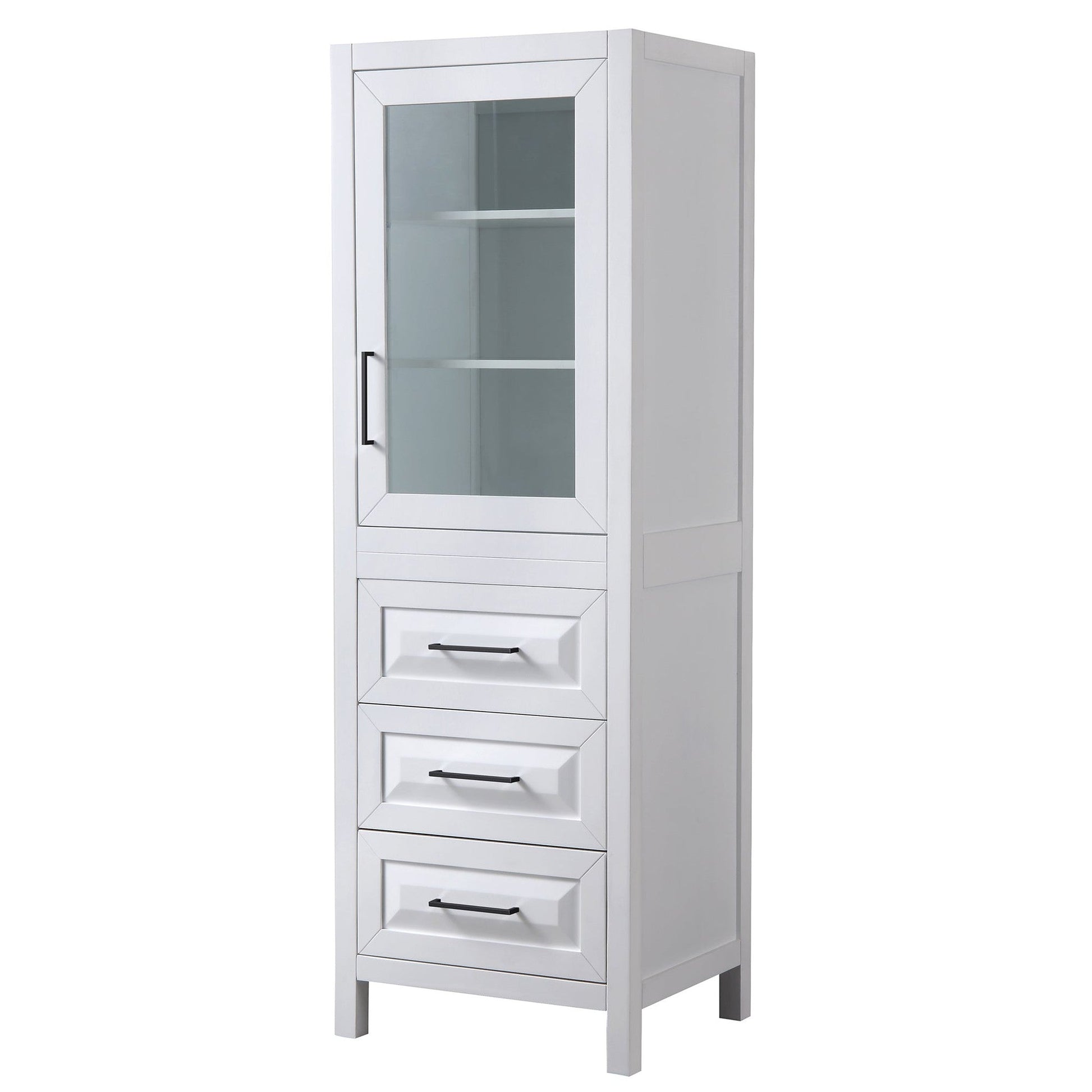 Wyndham Collection Daria 24" Linen Tower in White With Matte Black Trim, Shelved Cabinet Storage and 3 Drawers