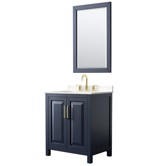 Wyndham Collection Daria 30" Single Bathroom Vanity in Dark Blue, Carrara Cultured Marble Countertop, Undermount Square Sink (3-Hole), Brushed Gold Trim, 24" Mirror