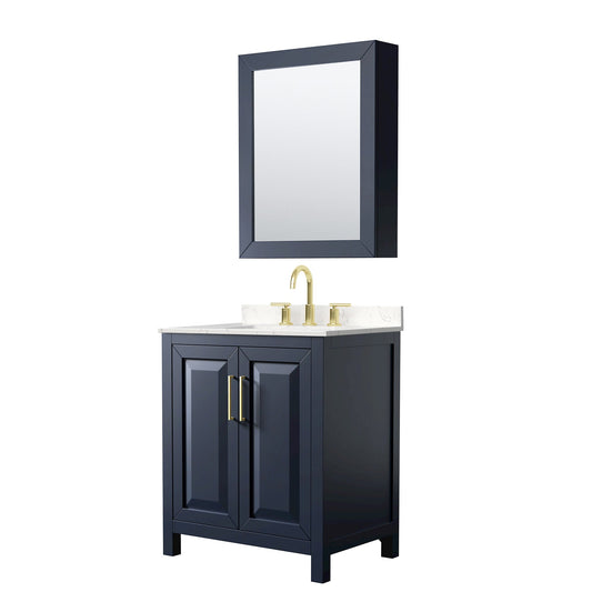Wyndham Collection Daria 30" Single Bathroom Vanity in Dark Blue, Carrara Cultured Marble Countertop, Undermount Square Sink (3-Hole), Brushed Gold Trim, Medicine Cabinet