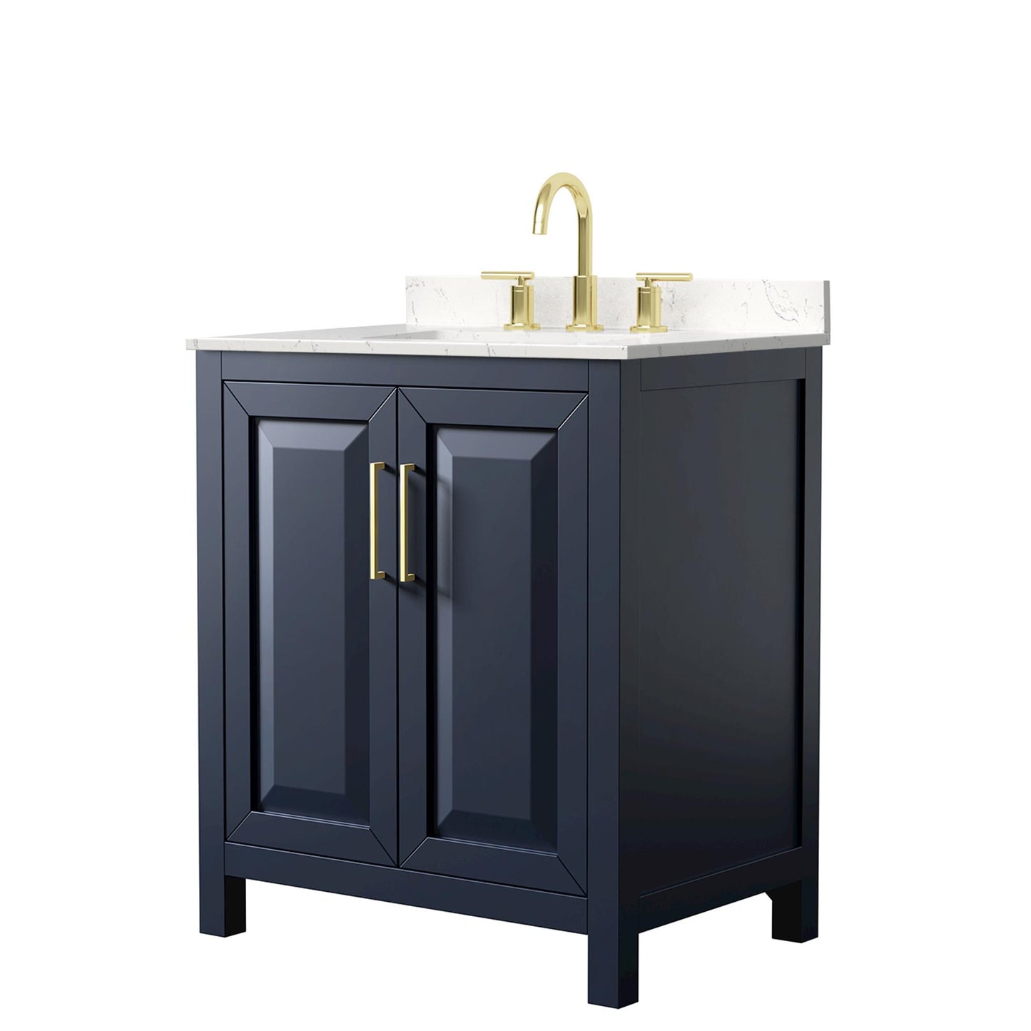 Wyndham Collection Daria 30" Single Bathroom Vanity in Dark Blue, Carrara Cultured Marble Countertop, Undermount Square Sink (3-Hole), Brushed Gold Trim